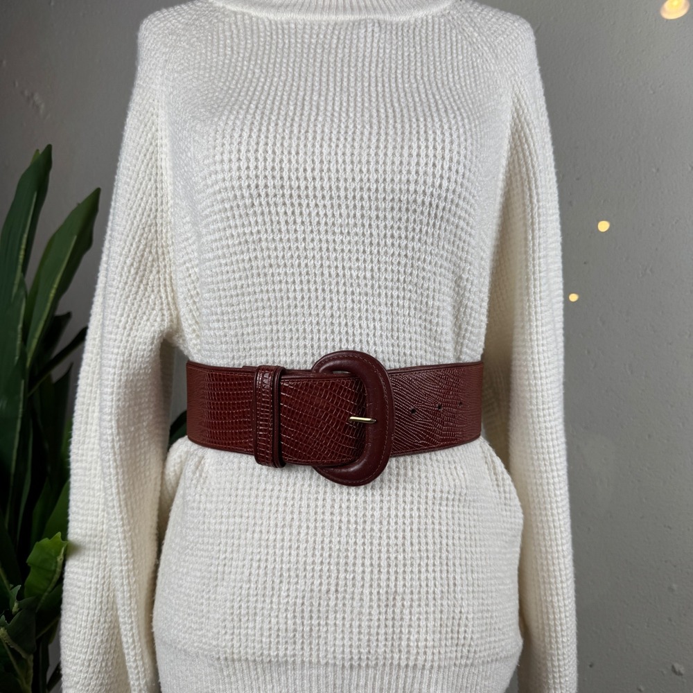 Vintage 90s Dark Academia Brown Lizard Embossed Wide Leather Belt Small